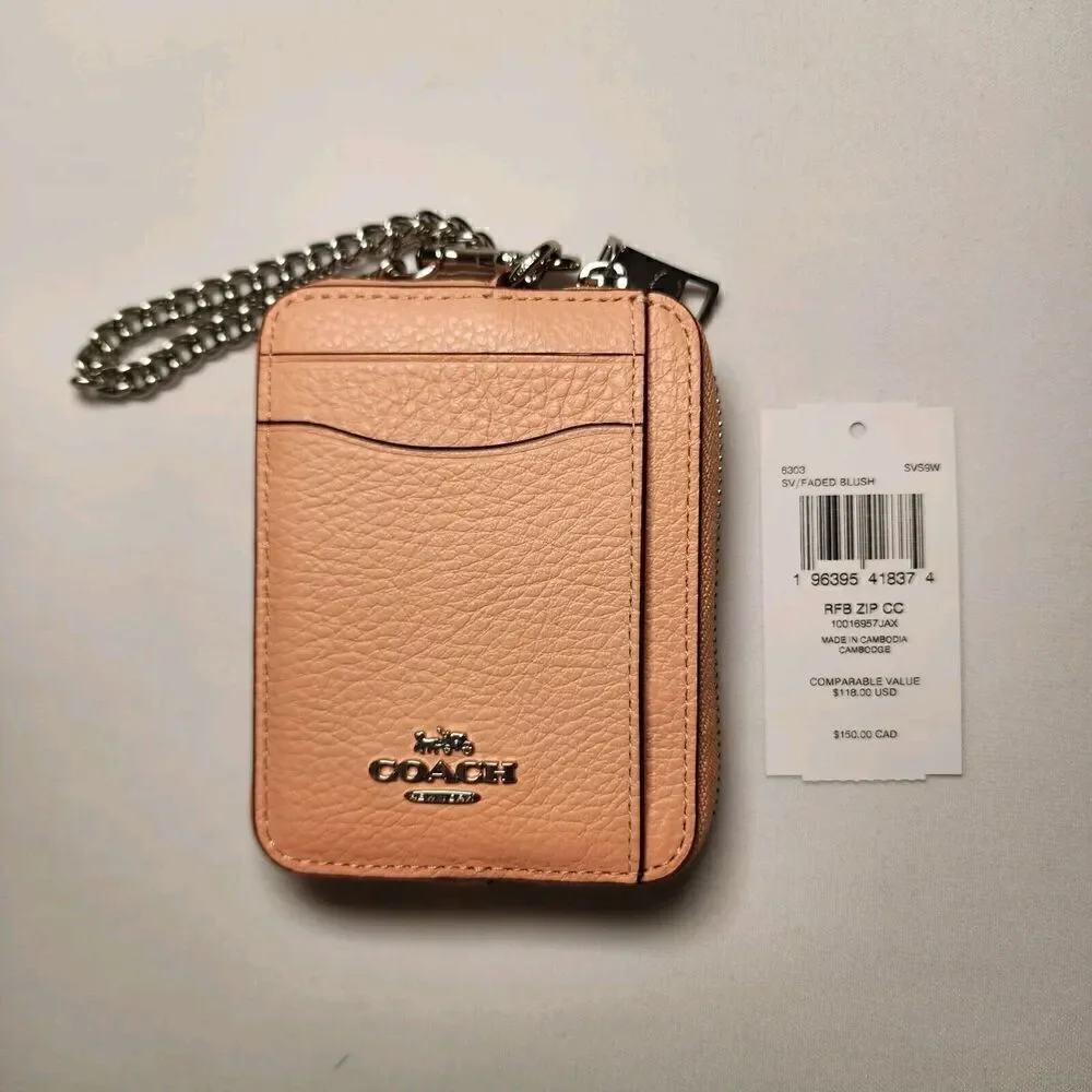 NWT 6303 Coach Zip Card Case With Chain Leather Faded Blush